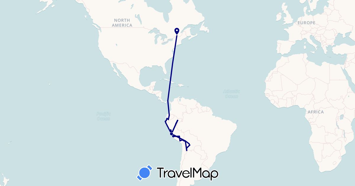 TravelMap itinerary: driving in Bolivia, Canada, Ecuador, Panama, Peru (North America, South America)
